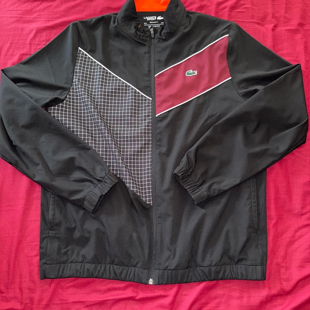 Authentic Lacoste Men's Black and Burgundy Jacket